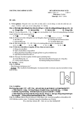 Đề kiểm tra học kỳ I môn Vật lý lớp 9 thời gian 45 phút năm học 2015 - 2016